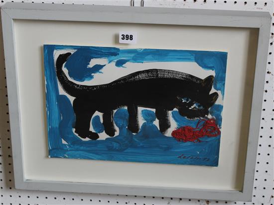 Framed painting of black cat signed & dated